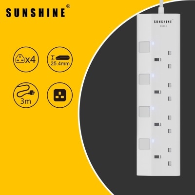 Sunshine 13A Switched Extension Socket with 3M Cable, Independent Switches & Indicator Lights, 4 Gang image