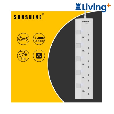 Sunshine 13A Switched Extension Socket with 3M Cable, Independent Switches & Indicator Lights, 5 Gang image