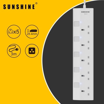 Sunshine 13A Switched Extension Socket with 3M Cable, Independent Switches & Indicator Lights, 5 Gang image