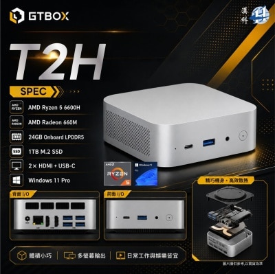 GTBOX GTBOX T2H (R5-6600H) 迷你電腦 (AMD Ryzen 5 6600H; 24GB LPDDR5; 1TB SSD; Windows 11 Pro)(CS-GTT2H66