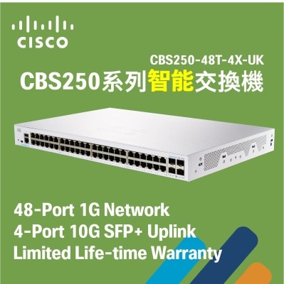 Cisco CBS250 48T 4X 智能交换器 (48 x 1G; 4 x 10G SFP+; 1 fan)(NE 2548T4X) image