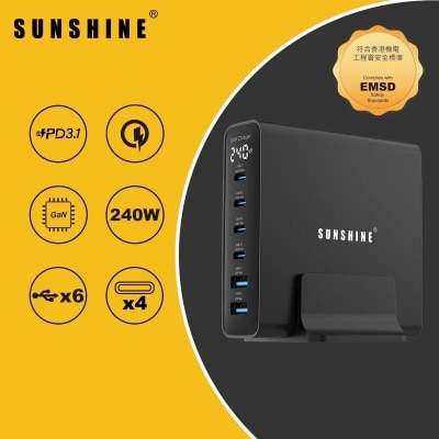 Sunshine GaN Fast Charger, 240W Total Output, PD3.1 & QC3.0, 4x USB C + 2x USB A, Desktop Charging Station image