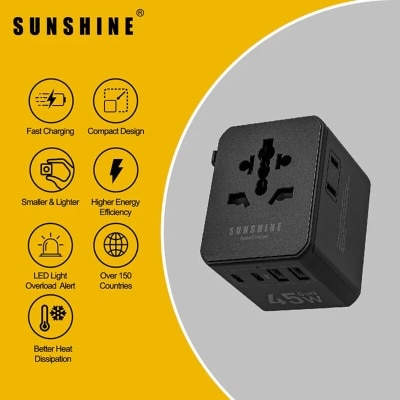 Sunshine GaNIII QC3.0 PD45W 5Ports USB 3C2A +USB C Cable ApexCharge Travel Adapter (Black) TRD 45BK image