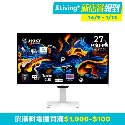 MSI 微星 MSI PRO MAX 271UPXW12G 電腦螢幕 (27"; 3840 x 2160; 120Hz; QD-OLED)(MO-MPM27UO)