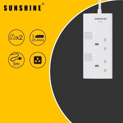 Sunshine 13A Switched Extension Socket with 3M Cable, Independent Switches & Indicator Lights, 2 Gang image