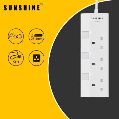 Sunshine 13A Switched Extension Socket with 3M Cable, Independent Switches & Indicator Lights, 3 Gang image