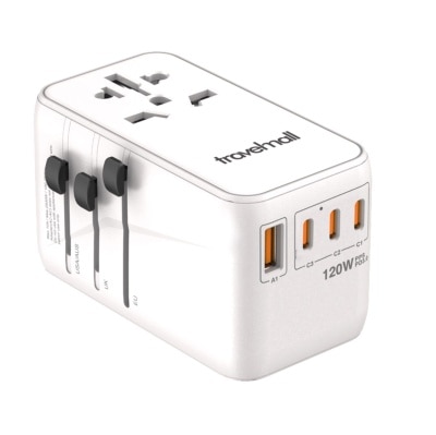Travelmall 120W GaN PD Ultimate High Power Worldwide Travel Adapter with 4 USBs, For Laptop