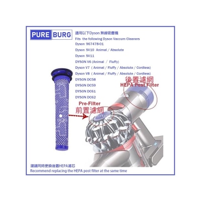 Pureburg 淨博 代用前置濾網濾芯 (適用於Dyson V6,V7,V8,SV10,SV11,DC58,DC59,DC61,DC62 無線吸塵機)