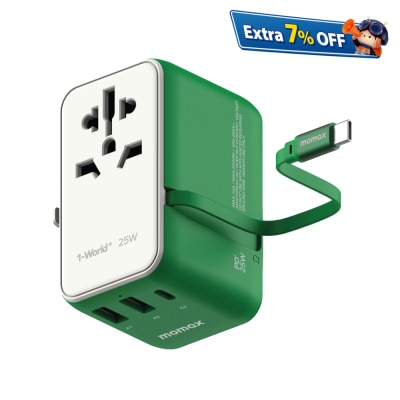 Momax 1-World+ 25W 3-插口 內建 USB-C 充電線 + AC 旅行充電插座