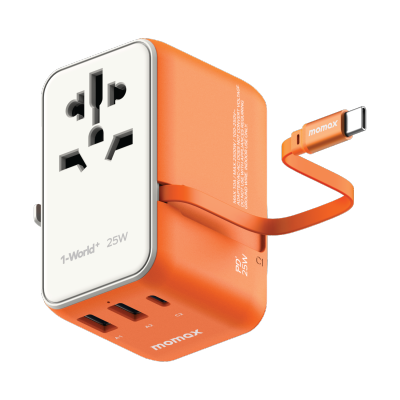 Momax 1-World+ 3-Port Travel Charger Built-In USB-C Cable 25W