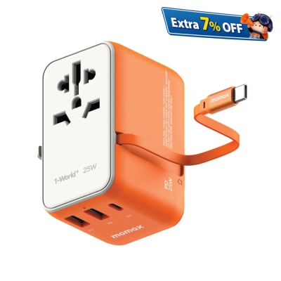 Momax 1-World+ 3-Port Travel Charger Built-In USB-C Cable 25W
