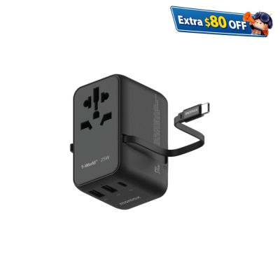 Momax 1-World+ 3-Port Travel Charger Built-In USB-C Cable 25W