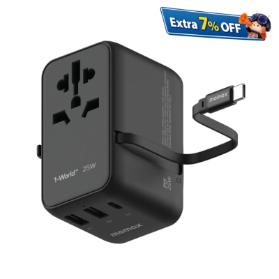 Momax 1-World+ 3-Port Travel Charger Built-In USB-C Cable 25W