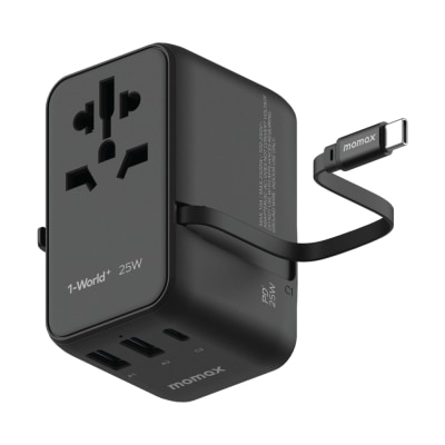 Momax 1-World+ 25W 3-插口 內建 USB-C 充電線 + AC 旅行充電插座