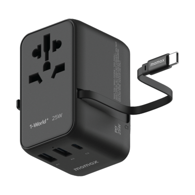Momax 1-World+ 25W 3-插口 內建 USB-C 充電線 + AC 旅行充電插座