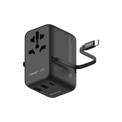 Momax 1-World+ 25W 3-插口 内建 USB-C 充电线 + AC 旅行充电插座