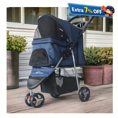 Dogoo 最新升级版三轮 可折叠狗狗手推车(深蓝色)（宠物承重：15kg）