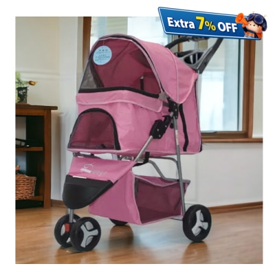 Dogoo 最新升级版三轮 可折叠狗狗手推车(粉红色)（宠物承重：15kg）