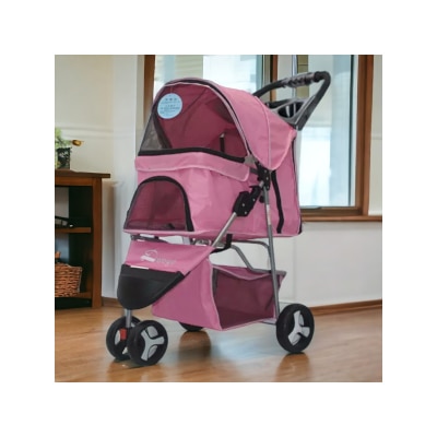 Dogoo latest upgraded version three-wheel foldable dog stroller (pink) (pet load: 15kg)