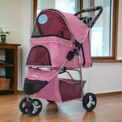 Dogoo 最新升级版三轮 可折叠狗狗手推车(粉红色)（宠物承重：15kg）