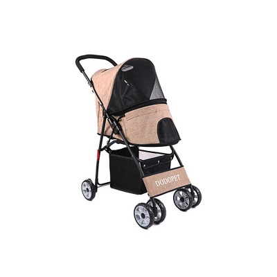 Dodopet 輕盈四輪摺疊小型狗手推車(附小置物籃卡其色)（寵物承重：13kg）