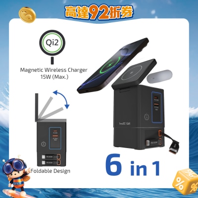 inno3C 創品 - i-105C2 105W Qi2 + GaN 6合1磁吸無線快速充電座連內置伸縮充電線