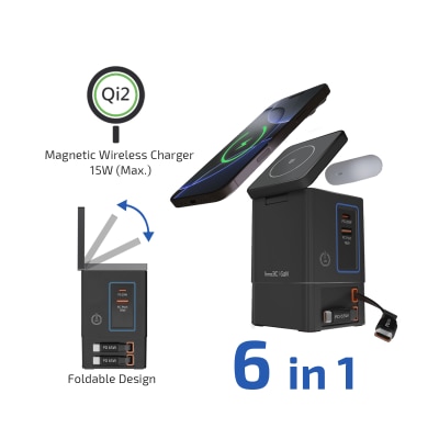 inno3C 創品 - i-105C2 105W Qi2 + GaN 6合1磁吸無線快速充電座連內置伸縮充電線