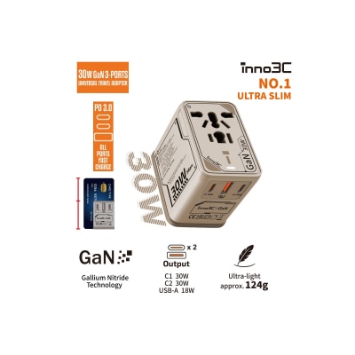 inno3C - i-30WC 30W GaN 3-Ports Universal Travel Adaptor