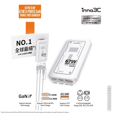 inno3C 创品 i-67DT 超薄 67W 三输出GaN旅行快速充电器