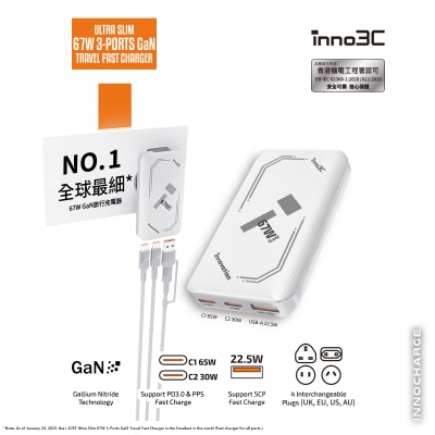 inno3C 創品 i-67ET 超薄 67W 三輸出GaN旅行快速充電器 (銀色)
