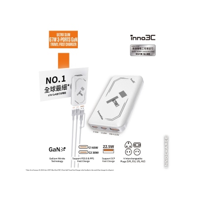 inno3C i-67ET Ultra Slim 67W 3-Ports GaN Travel Fast Charger (Sliver)
