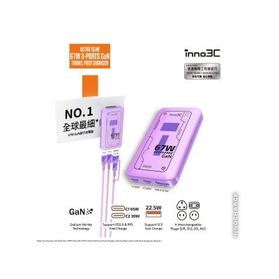 inno3C 創品 i-67DT 超薄 67W 三輸出GaN旅行快速充電器 (紫色)