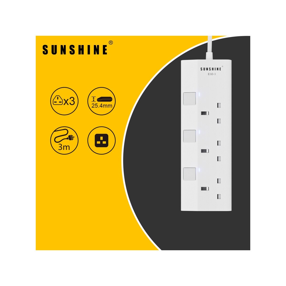 Sunshine 3位獨立開關燈制安全防雷拖板 | Fortress 豐澤