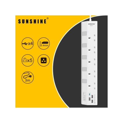 Sunshine - 五位独立开关安全拖板连蓝色指示灯+4位USB