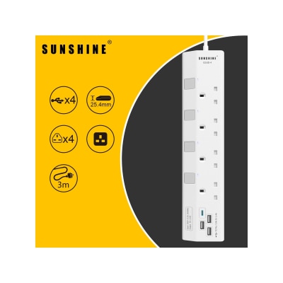 Sunshine - 四位獨立開關安全拖板連藍色指示燈+4位USB