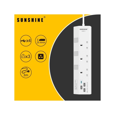 Sunshine - 三位獨立開關安全拖板連藍色指示燈+4位USB充電插座