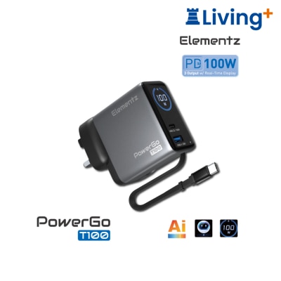 Elementz PowerGo T100 氮化鎵自帶伸縮線插牆式快速充電器 
