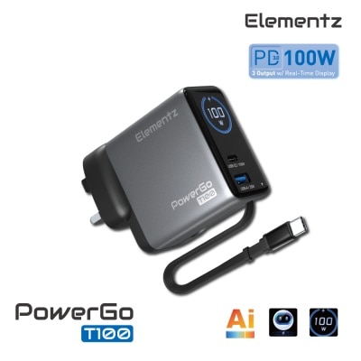 Elementz PowerGo T100 氮化鎵自帶伸縮線插牆式快速充電器 