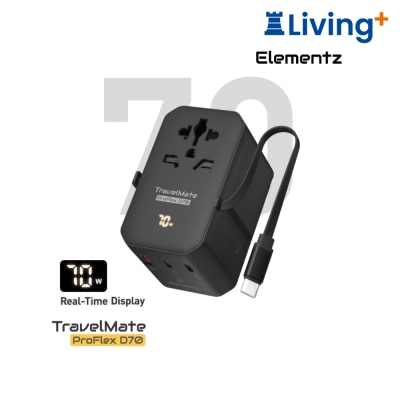 Elementz TravelMate ProFlex 70W 3端口連LED數顯及內置伸縮USB-C充電線旅行轉接器