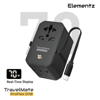 Elementz TravelMate ProFlex 70W 3端口連LED數顯及內置伸縮USB-C充電線旅行轉接器