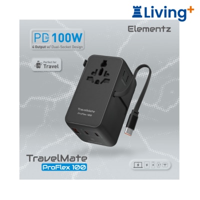 Elementz PT-W100H TravelMate ProFlex 100 全球通用旅行轉插 (100W PD/QC / 內置伸縮 Type-C 線 / 3C+1A 四口輸出 / 雙 AC 插座