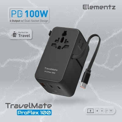 Elementz PT-W100H TravelMate ProFlex 100 全球通用旅行轉插 (100W PD/QC / 內置伸縮 Type-C 線 / 3C+1A 四口輸出 / 雙 AC 插座